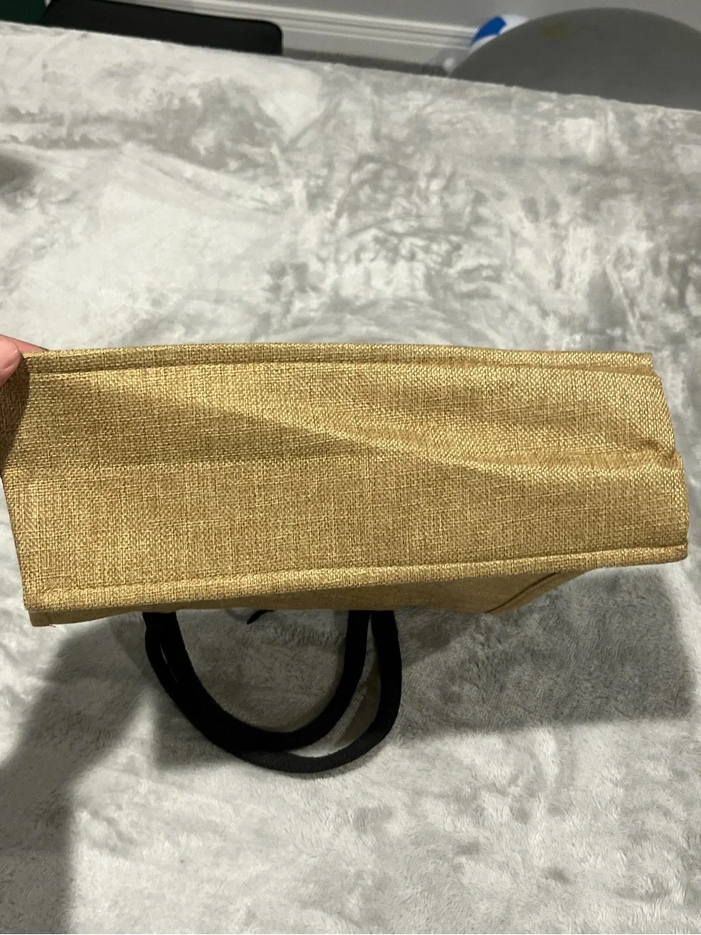 beige burlap beach tote bag featuring 